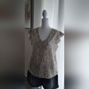 Rainbow Cream Floral V-Neck Flutter Sleeve Blouse